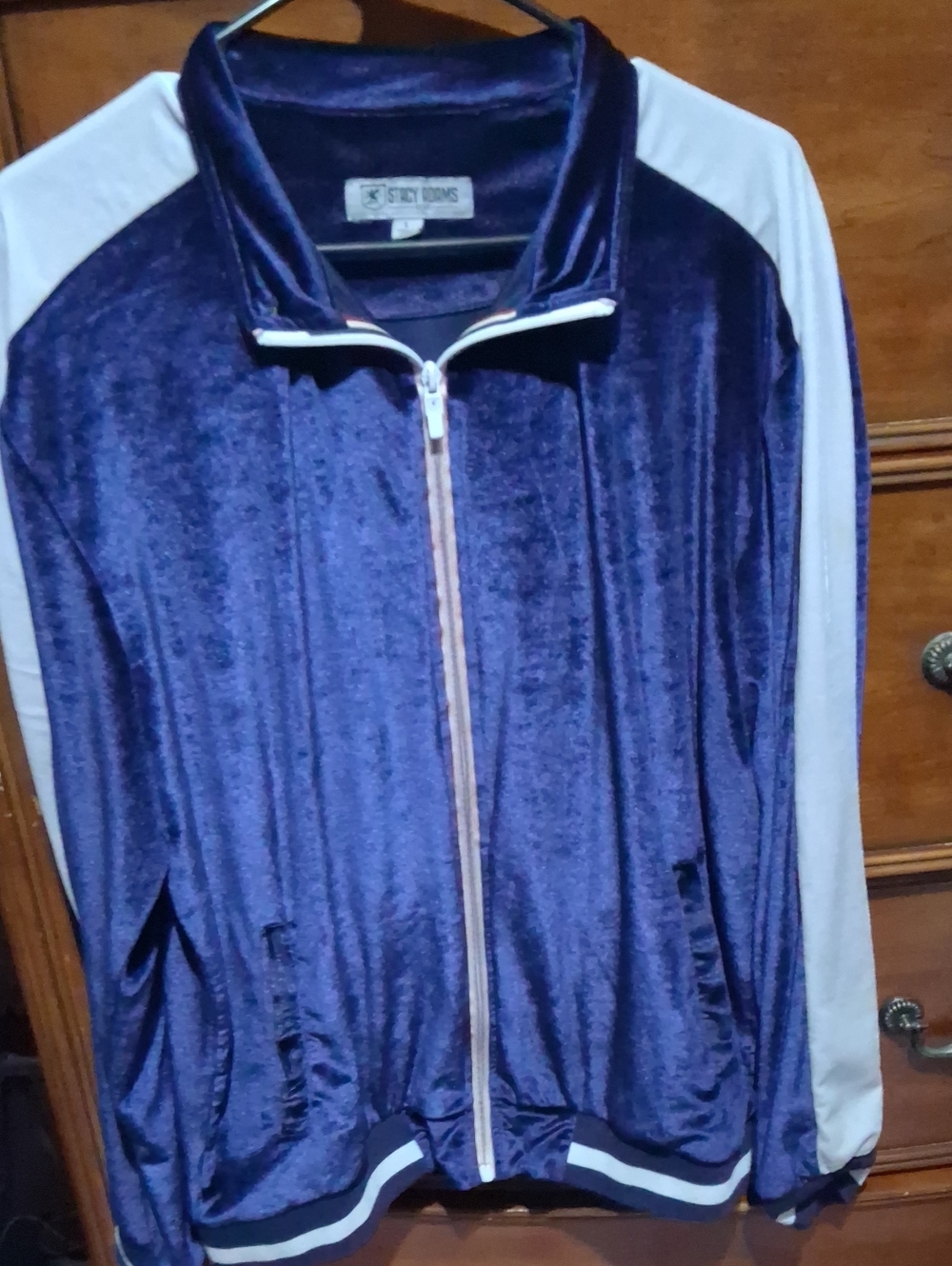 Men's Velour Zip-Up Track Jacket in Navy and White